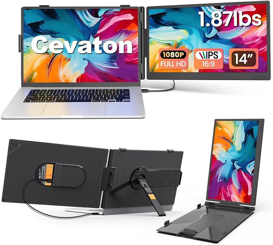 Cevaton 14.2" Laptop Screen Extender, 1.87 lbs Ultra-Thin Portable Monitor for Laptop, 1080P FHD Lightweight Travel Monitor for 14"-17.3" Laptops, Plug & Play, Compatible with Mac/Chrome/Wins/Android
