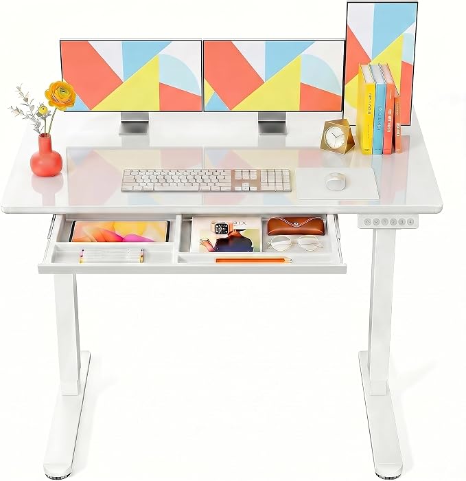 Marsail Glass Standing Desk with Drawer, 55 x 28 Inches Adjustable Desk, Home Office Desks with One-Piece Tempered Glass Top, Ergonomic Home Office Sit Stand Desk with 4 Preset Heights, White