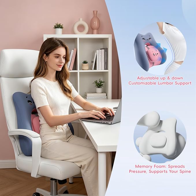 BEBAS Lumbar Support Pillow for Car & Office Chair - Ergonomic Back Support Cushion with Adjustable Memory Foam Bolster, Cute Cartoon Design, Lower Back Pain Relief for Driving & Desk Work - Blue