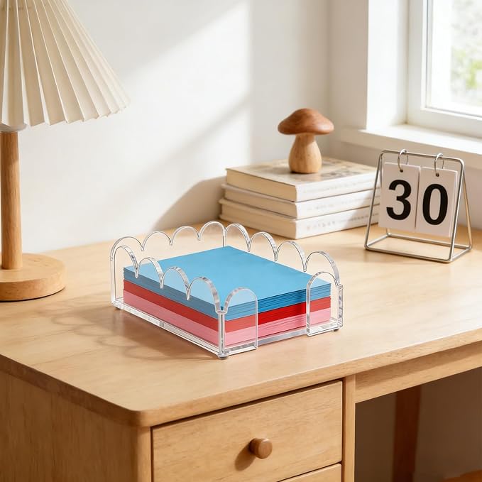 Acrylic Sticky Note Holder 4x6 Inch Clear Scalloped Sticky Notes Dispenser Cute Self-Stick Note Pad Organizer Desk Accessories for Office School Home