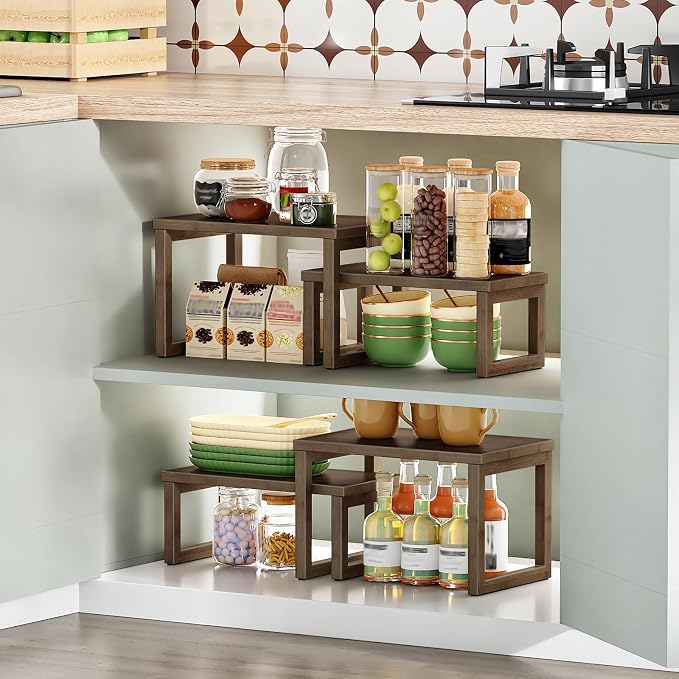 HOOBRO Cabinet Organizer Shelf, Set of 4 Kitchen Counter Shelves, Expandable Kitchen Storage, Stackable Bamboo Spice Rack, for Kitchen, Countertop, Office Desk, Living Room, Mocha MA20TLP201
