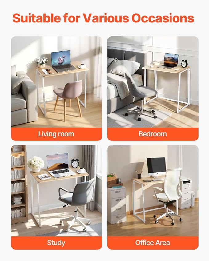 VEVOR Folding Desk, 31.5" Foldable Table for Small Spaces with Storage Hooks, Space Saving Computer Table, Writing Workstation for Home Office, Easy Assembly, Oak