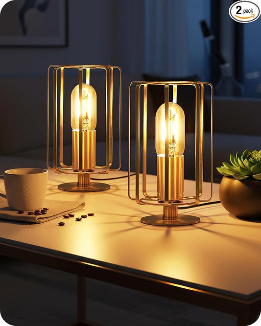 Industrial Table Lamp Set of 2, Small Brass Desk Lamp with Dimmable 2400K Warm Light LED Bulb, Vintage Desk Lamp, Nightstand Lamp for Bedroom, Study, Office, Small Space, Gold D05TLP205