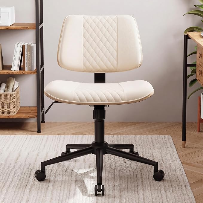 Modern Armless Office Chair with Wheels, Adjustable Swivel Desk Chair with Wide Seat and Tilt Function, Faux Leather Mid Century Task Chair for Home Office, Bedroom, Vanity, Beige