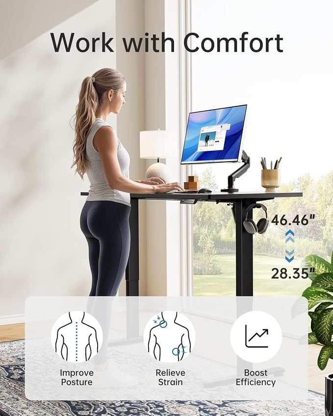 HUANUO Electric Standing Desk, Whole Piece Desktop, Adjustable Height Computer Desk, 4 Height Memory Settings, Sit Stand Up Desk for Home Office, 55" x 27", Black