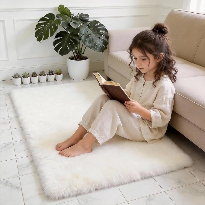 Shag White Rug Small 2x3 Area Rugs for Bedroom Dorm Living Room - Non Slip Ultra Fluffy Shaggy Bedside Area Rugs for Kids Room, Girls Room, Study, Office, Entryway, Playroom, Modern Carpet