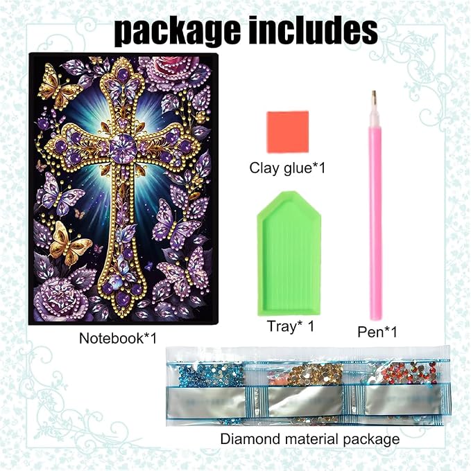 FRANDEK A5 50-Page DIY Diamond Art Painting Notebook with Beautiful Patterns, Purple Cross Special Shaped Diamond Art Craft for Beginners Creative Gift for adults June Back To School