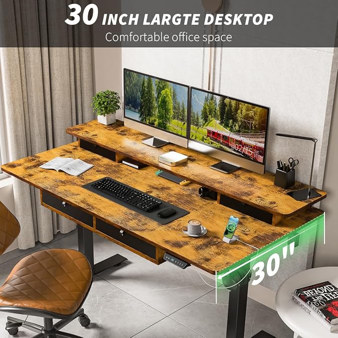Kingant Electric Standing Desk with 4 Drawers,USB Charging Ports 48"x 30" | Ergonomic Height Adjustable Large Workstation, Heavy-Duty Sit Stand Up Desk For Home Office Daily Work,Rustic Brown