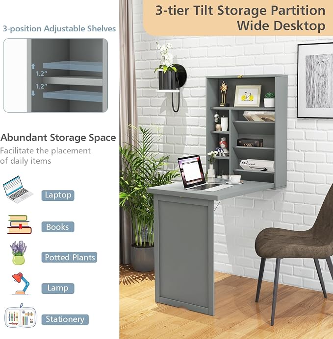 GOFLAME Wall Mounted Folding Desk with 3-Tier Tilt Storage Partition and Adjustable Shelves, Space-Saving Convertible Writing Desk for Home Office, Gray