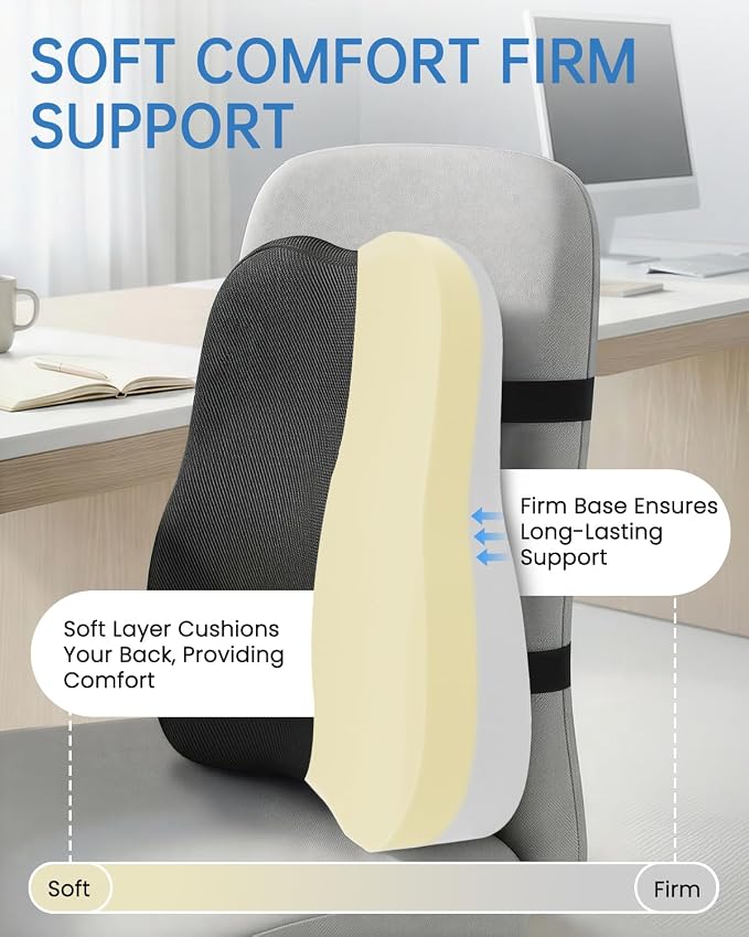 Vekkia Lumbar Support Pillow for Office Chair - Back Support for Car | Lumbar Cushion with Adjustable Straps & Mesh Cover/Lower Back Pain Relief for Office Workers, Drivers, Gamers & Travelers