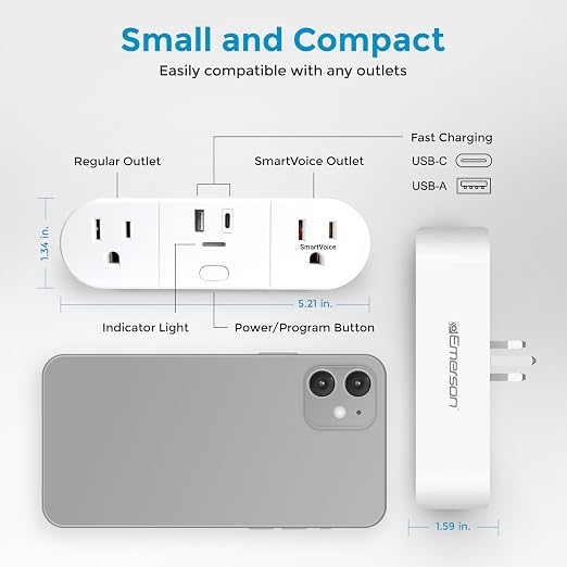 Emerson SmartVoice 4-in-1 Wall Plug, Voice Control Smart Outlet w/ 2 AC (1 Voice + 1 Always-On), USB-A & USB-C Ports, No WiFi, No App, Sleep & Wake Timer, ETL Listed