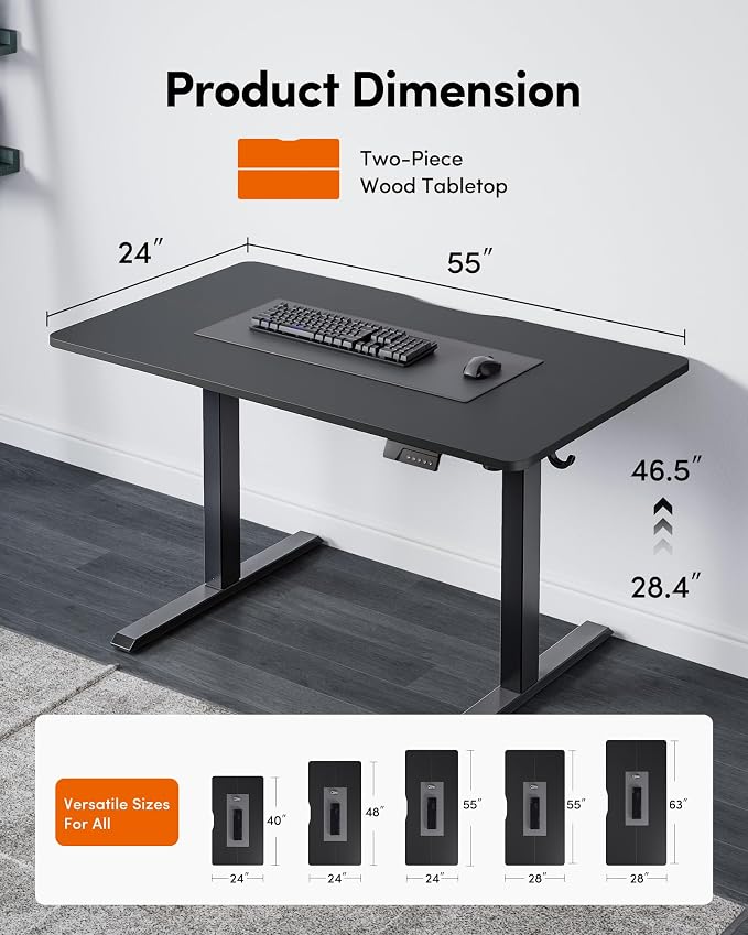 FEZIBO Electric Standing Desk Adjustable Height, 55 x 24 Inch Sit and Stand Desk, Home Office Desk, Ergonomic Computer Workstation, Black