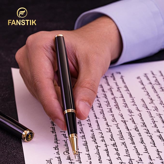 FANSTIK Customized Black & Gold Luxury Rollerball pen, fancy gift set for women, Real 24K Gold Plating, Professional executive pen gift set for men (Lux Custom-Rollerball Black-Gold)