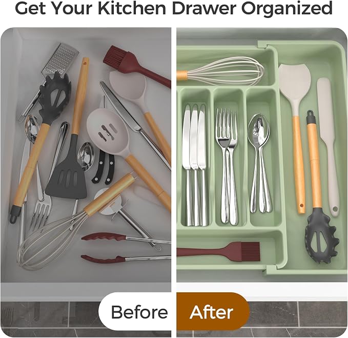 ukeetap Extra Large Expandable Silverware Organizer, BPA-Free Food-Safe Cutlery Flatware Organizer, Kitchen Utensil Drawer Organizer, Adjustable Silverware Holder for Spoons Forks Knives, Green