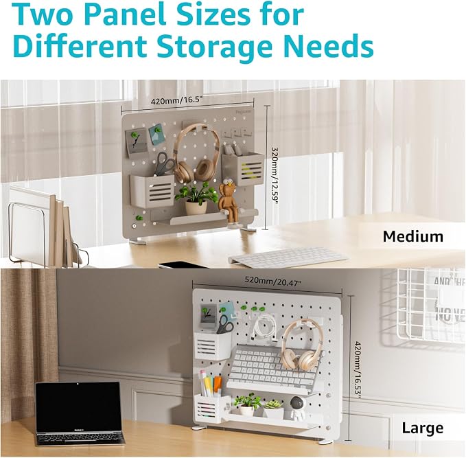 PEGZONE Clamp-on Desk Pegboard, Desk Organizer for Office Gaming Home, Magnetic Metal Peg Board with 10 Accessories, Privacy Panel, 16.5" x 12.6", Medium, White