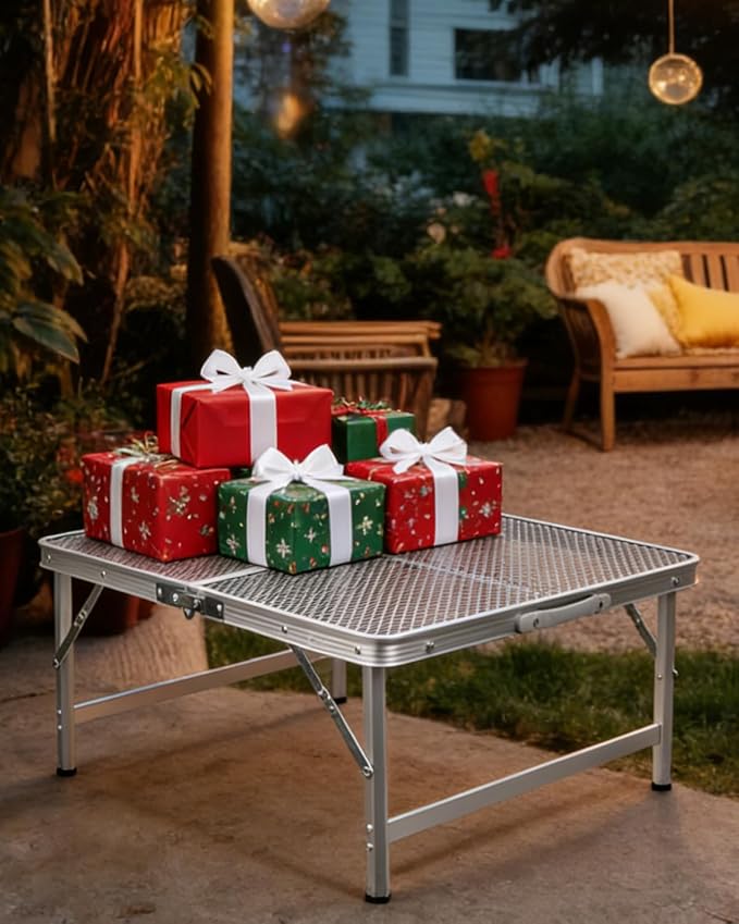Square Folding Card Table with Adjustable Height (12" & 26"), Silver Portable Metal Mesh Table for Camping, BBQ, Picnic, Game, Patio & Indoor Use, Fits 2–4 People, Lightweight 7.6 lb, Supports 66 lb