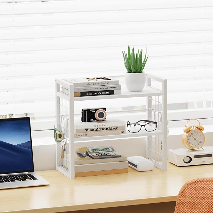 ELITEROO Desk Shelf Organizer, Tiered Wood Desktop Book Shelf, White | Desk Top Storage Rack, Freestanding Tabletop Organizer for Top of Desk, Office Supplies, Books & Decorations