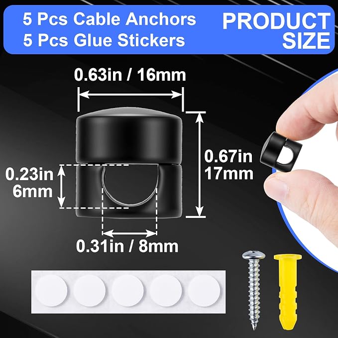 SmallCat 5 Sets Charger Holders for Cords, Matte Black Color Adjustable Cable Anchor Holders, Adhesive Metal Cord Clips, Cable Management Wire Organizers for Desk, Office, Nightstand