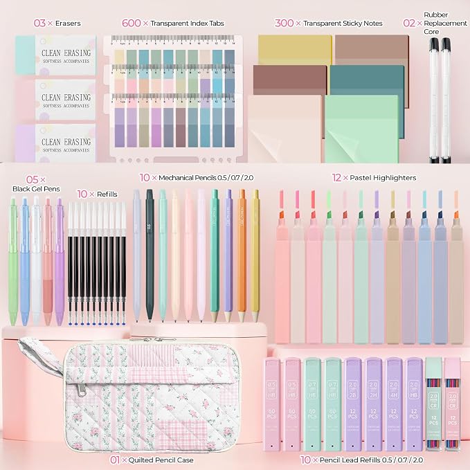 WOBAGMEN 62PCS Aesthetic School Supplies with Quilted Pencil Case, Pastel Highlighters, Gel Pens Mechanical Pencils Set, Cute Back to School Supplies, College Essentials (Pink Floral Patchwork, M)