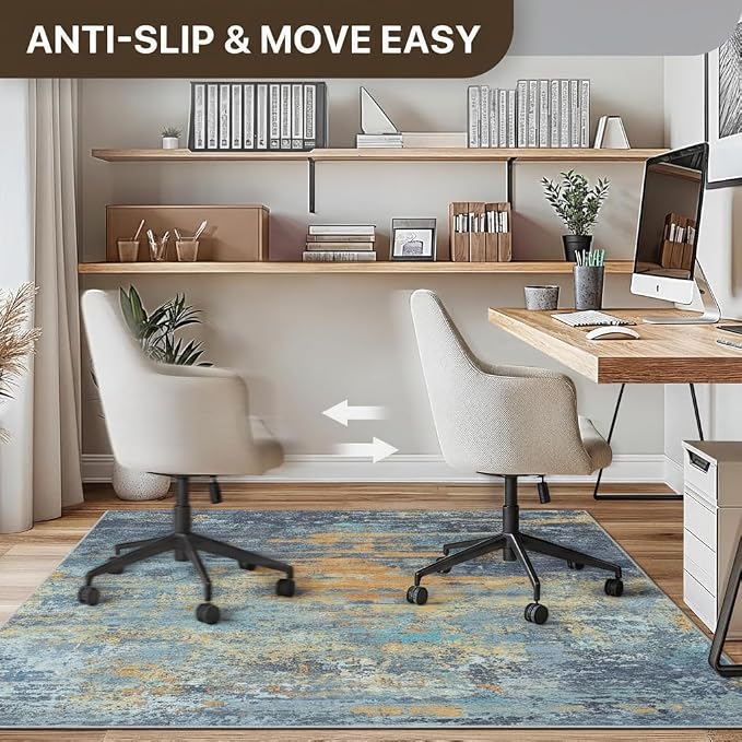 36"x60" Office Chair Mat for Hardwood Tile Floor, Under Desk Carpet Protector for Rolling Computer Chair Mat, Machine Washable Area Rug, Anti-Slip 1/5" Thick Low Pile Thin Vinyl Floor Mat, Blue Orange