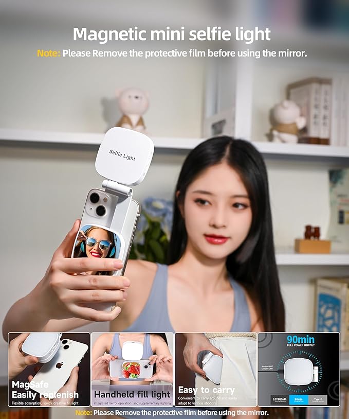 Magnetic Selfie Light for MagSafe iPhone Phone with Magnet Ring,Rechargeable CRI 97+ 700lx/0.3m Folding LED Phone Fill Ring Lighting with Mirror for Makeup Webcam Laptop Photo Makeup (White)