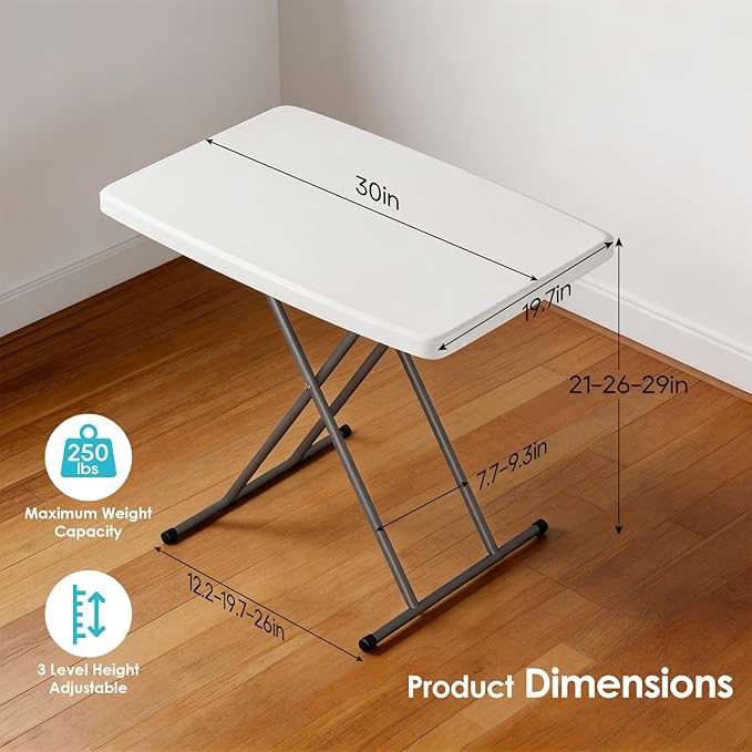 FDW 30 Inch Folding Table, Utility Foldable Table for Small Spaces, Small Desk Adjustable Height TV Tray for Laptop, Couch, Camping, No Assembly Required, White