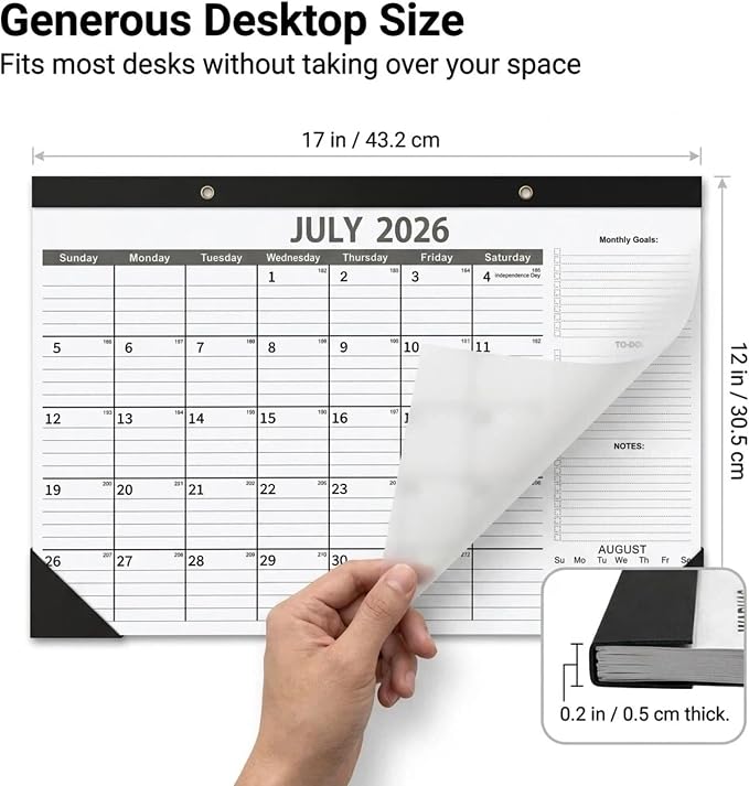 Desk Calendar 2026-2027 - 18 Month Large Monthly Calendar (July 2026 - Dec 2027), 17" x 12" Desktop & Wall Calendar with Thick 120 GSM Paper, Corner Protector for Home, School and Office