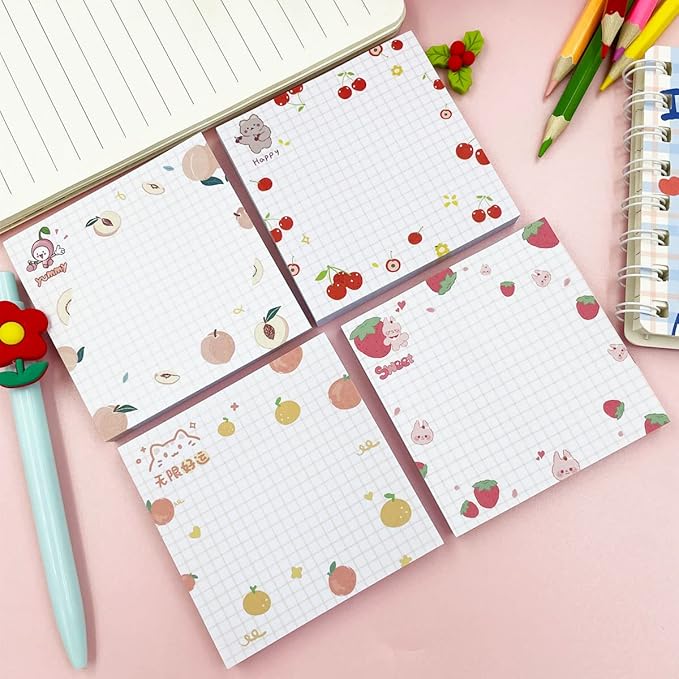Cute Sticky Notes, 4Pack(320 Sheets) Kawaii Sticky Notes Colorful Super 3.1x3.1in Self-Stick Pads Unique Cute Fruit Patterns Sticker Note