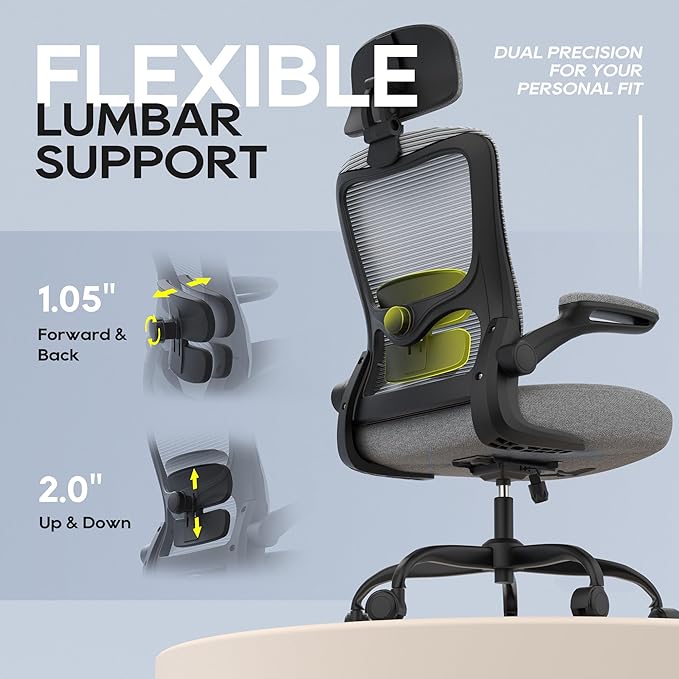 Ergonomic Office Chair, High Back Mesh Desk Chair with Adjustable Lumbar Support & Headrest, Flip-up Armrest, Computer Task Chairs for Home and Executive Office (B-Grey)
