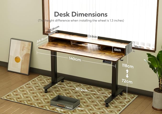 Claiks Standing Desk with Drawers & Wheels, 2 Height Shelf 55" Rustic Brown | 2 height adjust shelf, tabletop drawers, felt fence design, sturdy supports 176 lbs, 4 wheels, 2 tire monitor stand