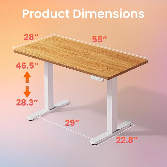 HUANUO Electric Standing Desk, 55" x 28" Height Adjustable Desk, 4 Memory Height Settings, Sit to Stand Up Desk for Home Office, with Headphone Hook, Cable Manager, Light Vintage Brown