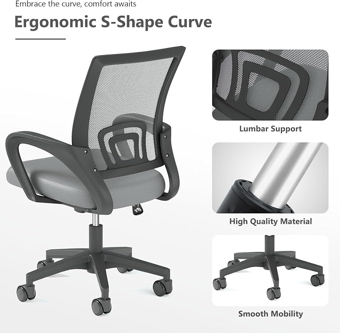 OS MOTOR Ergonomic Mid-Back Mesh Office Chair (Light Gray) | Lumbar Support, Adjustable Height, Swivel Rolling Design, Comfy Armrest, Home, Office, Work, Study, Gaming, Vanity