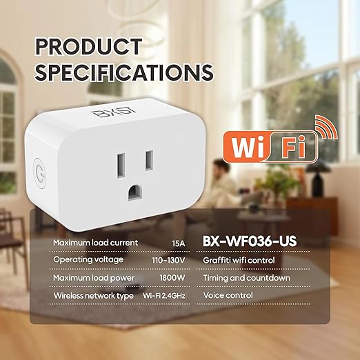 BXST Smart Plug, WiFi Smart Plugs Work with Alexa and Google Home, 15A/1800W Max, Smart Outlet Timer with APP Remote Control, Voice Control, 2.4GHz Wi-Fi, No Hub Required, CE FCC Listed, 1 Pack, White