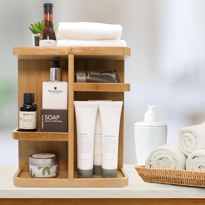 Sorbus 360° Makeup Organizer - Bamboo Wood Make Up Storage Carousel for Cosmetics, Skin Care Rotating Makeup Organizer for Vanity, Bathroom Storage