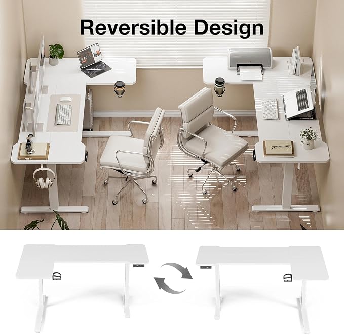Acrolix L Shaped Electric Standing Desk - 43x31.5 Inch Reversible Corner Sit Stand Desk with Hook&Cup Holder,Electric Height Adjustable Table,for Small Home Office&Bedroom Computer Desk, White