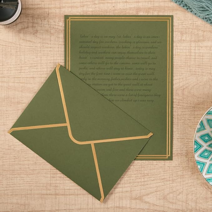 50 Pack Stationery Set with Envelopes, Olive Green, 6x8 Inches | Gold Border, A6 Envelopes 4.75x6.5 inch and 6x8 Paper Sheets, Stickers for Letter Writing, Invitations
