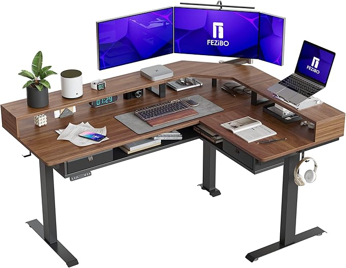FEZIBO 63"x49" L Shaped Standing Desk with LED Strip & 2 Drawers, Upper and Lower Storage Shelves Available, Electric Height Adjustable, for Gaming, Office, Black Walnut