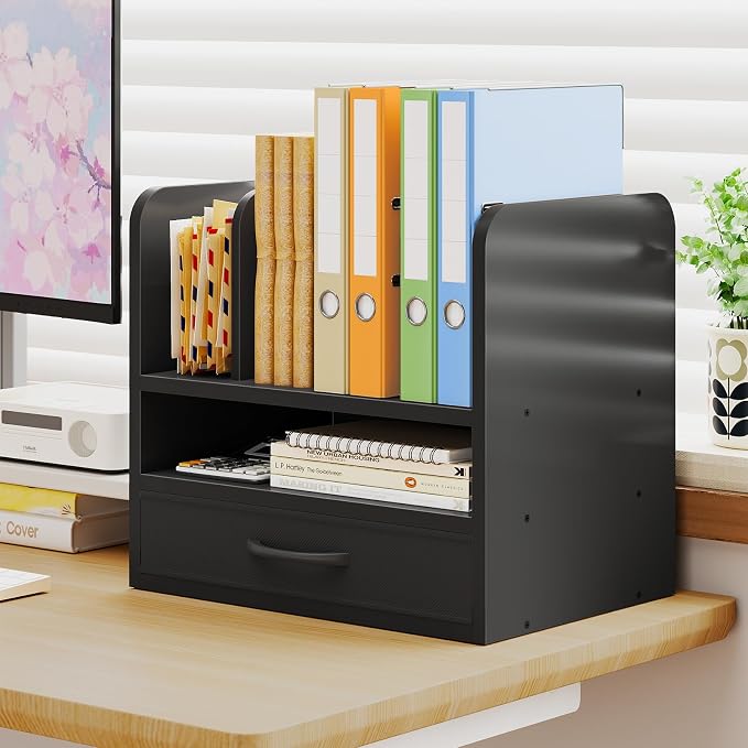 Desk File Organizer for Home, Office, School, Wooden Frame Desktop Storage Solution for Office Supplies, Documents, Papers, Folders and Stationery, Space-Saving and Stylish Document Sorter