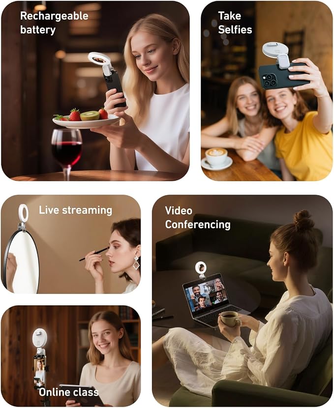 TELESIN Clip-on Selfie Ring Light, Rechargeable Portable 360° LED Selfie Fill Light with Mirror for Phone/iPhone Photography, Computer Laptop Video Conference, TikTok, Zoom Calls, Girl Makeup