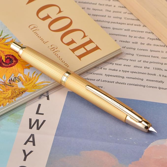 Jinhao 10 Press Fountain Pen with Box, Brushed Matt Gold Retractable Medium Nib with Ink Converter Set (Golden Clip)