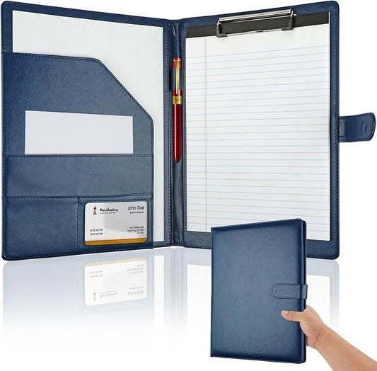 Professional Padfolio with Clipboard, Faux Leather Portfolio Folder Binder, Legal Pad Holder for A4 Letter Size Notepad, Resume, Writing Pad, Ideal Organizer for Business Office Conference (Blue)