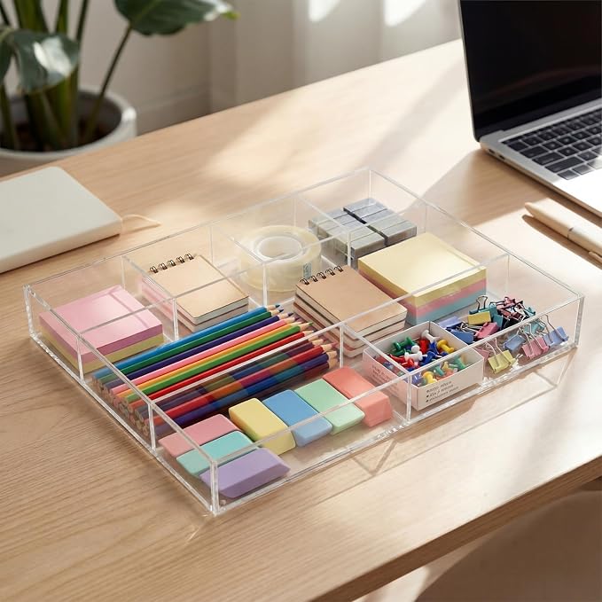 Large Acrylic Desk Deep Drawer Organizer with Adjustable Dividers, Anti-skip Clear Desk Top Junk Drawer Storage Tray for Pens, Desktop, Office, Bathroom, Kitchen, Makeup Supplies(7 Compartments)