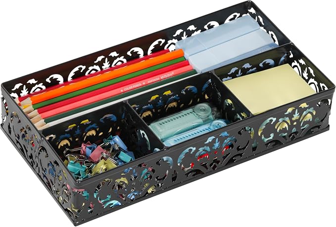 EasyPAG Desk Drawer Organizer with 4 Compartments, Carved Hollow Floral Metal Tray for Office, Jewelry, Cosmetics - No Assembly, Black