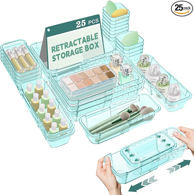 25 Pcs Clear Drawer Organizer, Adjustable Drawer Storage Box, 3-Size Desk Drawer Organizer, Acrylic Storage Bins for Makeup, Kitchen Utensils, Bedroom Dressers Tool Organizer for Gadgets, Blue