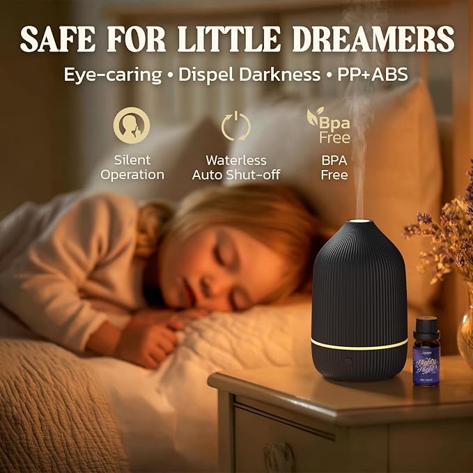Essential Oil Diffuser, 100ml Aromatherapy Diffuser, Mini Ultrasonic Diffuser for Essential Oil, Home, Office, Cool Mist Humidifier with 7 Led Light, Auto Shut-Off, Black