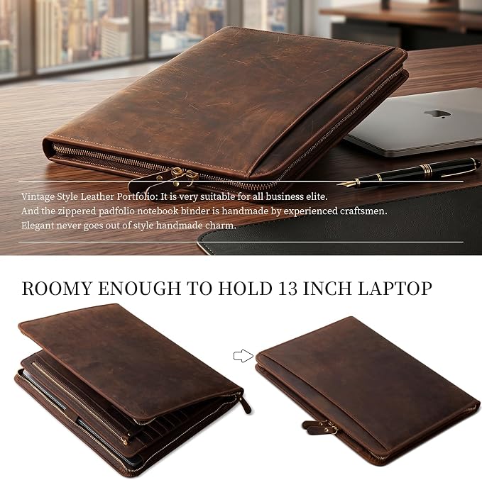 Gexmil Leather Portfolio Organizer for Women Men, Business Padfolio Folder with Zipper, Full Grain Leather,Interview Legal Document File Resume Organizer, A4 Writing Notepad Padfolio, Dark Brown