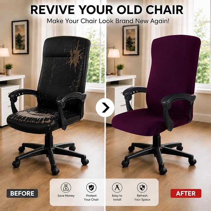 DIVA EN CAMINO DEC Computer Office Chair Cover Stretch Spandex Fabric Rotating Chair Slipcovers Removable Chair Seat Covers Furniture Protector Covers (Plum)