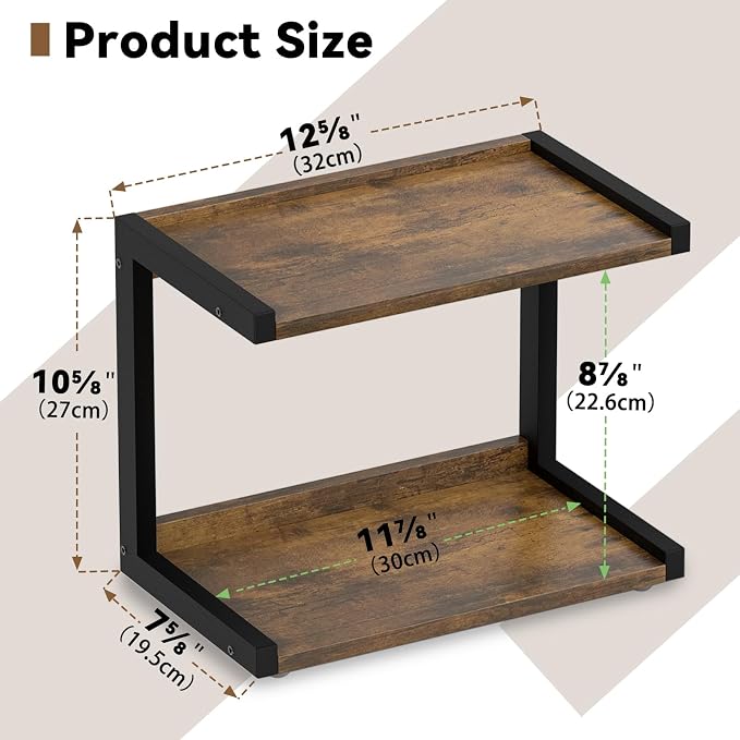 MARTY Kitchen Counter Shelf Organizer, 2 Tier Coffee Station/Bar Organizer | Spice Rack for Countertop, Mugs Cups, Desk Shelf Riser, Bathroom Counter Organizer, Wood+Metal, Rustic Brown
