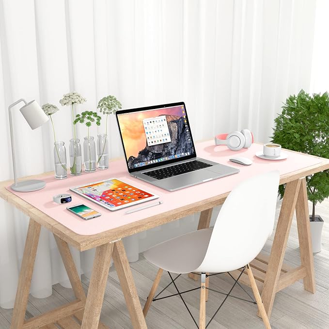Hsurbtra Desk Pad, 35.5" x 17" PU Leather Desk Mat, XXL Extended Mouse Pad, Waterproof Desktop Blotter Protector, Non-Slip Ultra Thin Large Laptop Keyboard Writing Mat for Office Home, Pink