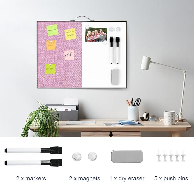 Small White Board Cork-Board Combo - 16 X 12 inches Pink Linen Board & Magnetic Dry Erase Board for Wall, Mini Bulletin Cork Board with Holder for Office, Home and School